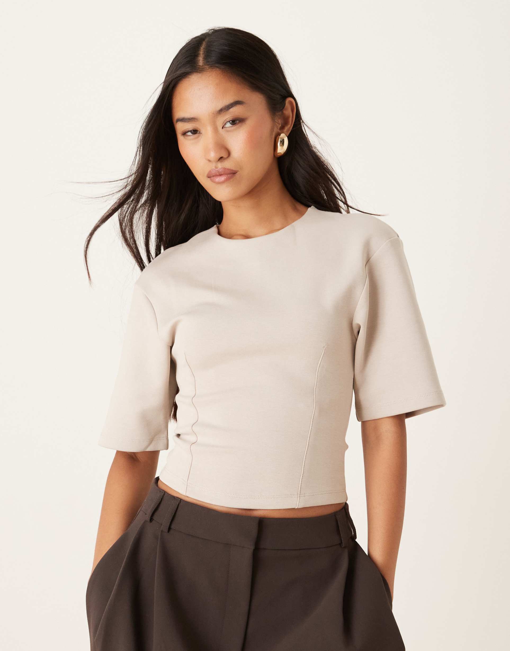 gina tricot sculpted waist wide short sleeve top in light beige