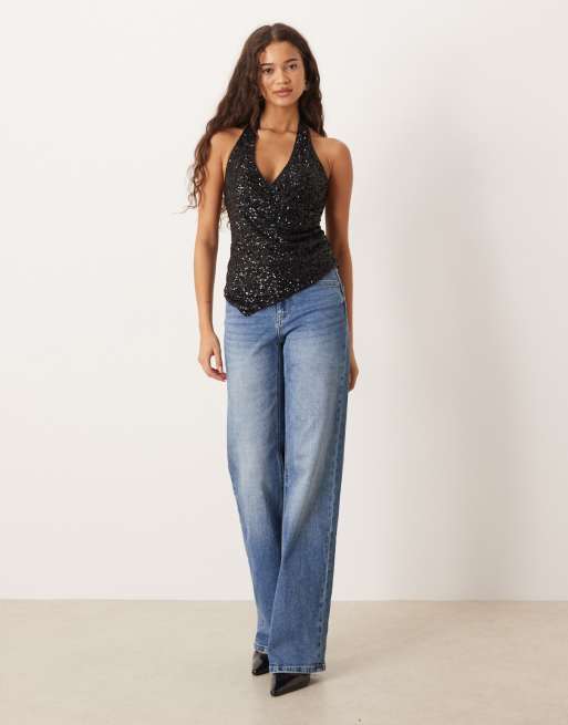 Gina Tricot sequin halterneck top in black, 3 of 4