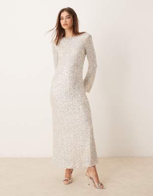 Gina Tricot Sequin Maxi Dress With Open Back In Silver