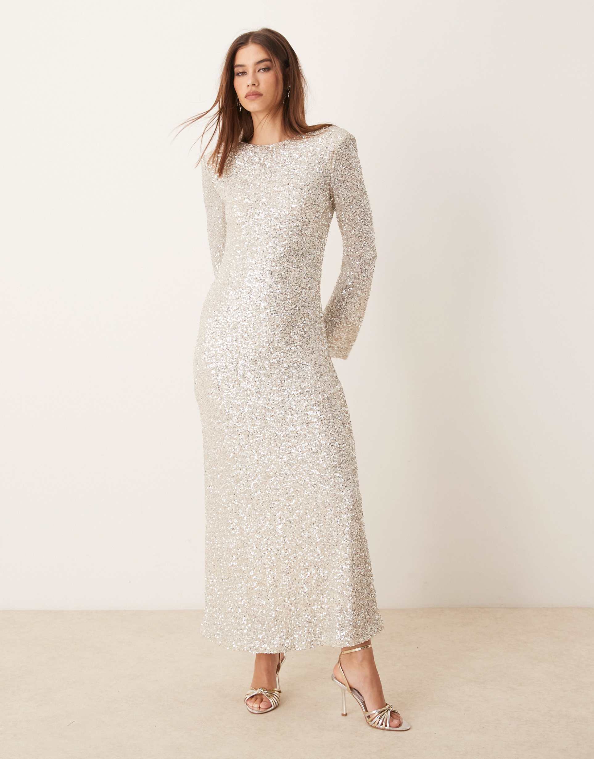 gina tricot sequin maxi dress with open back in silver