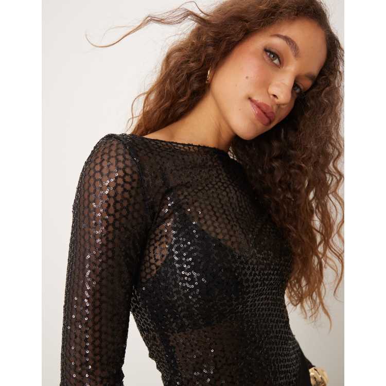 Gina Tricot sequin sheer long sleeve top with boat neck in