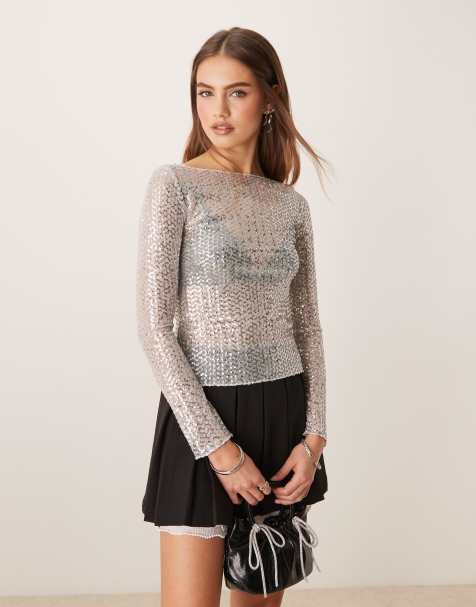Gina Tricot sequin sheer long sleeve top with boat neck in silver - view 1