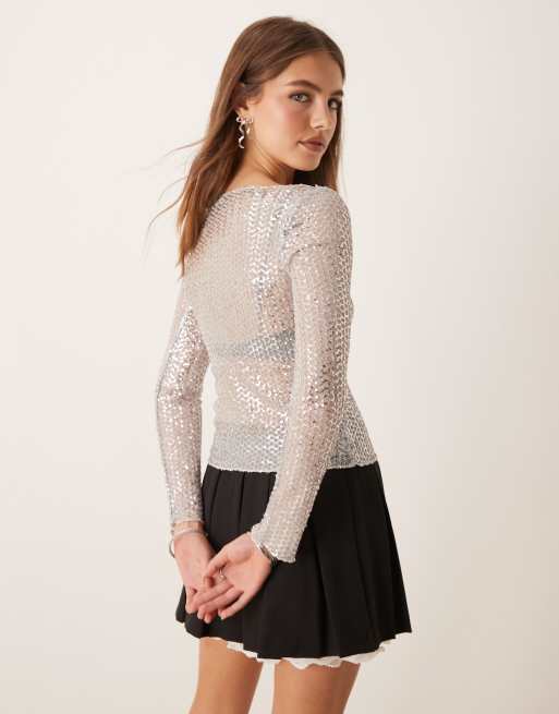 Gina Tricot sequin sheer long sleeve top with boat neck in silver, 3 of 4