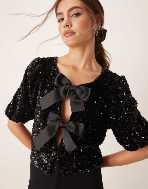 Gina Tricot sequin short sleeve top with satin bow front in black - view 1