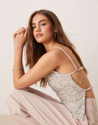 Gina Tricot Sequin Short Square Neck Cami Tank Top In Silver