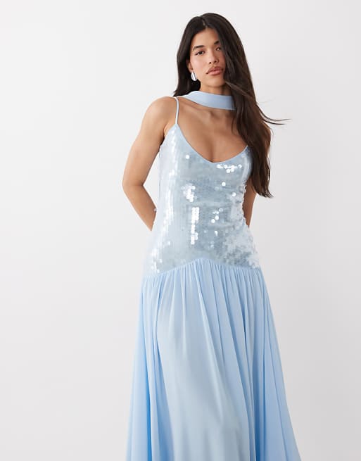 sequin dress light blue Zapakasa Women Sparkly Sequins Prom with Slit Mermaid Spaghetti Straps Party Dress Colors can vary depending on the fabric GINA TRICOT - Sequined Maxi