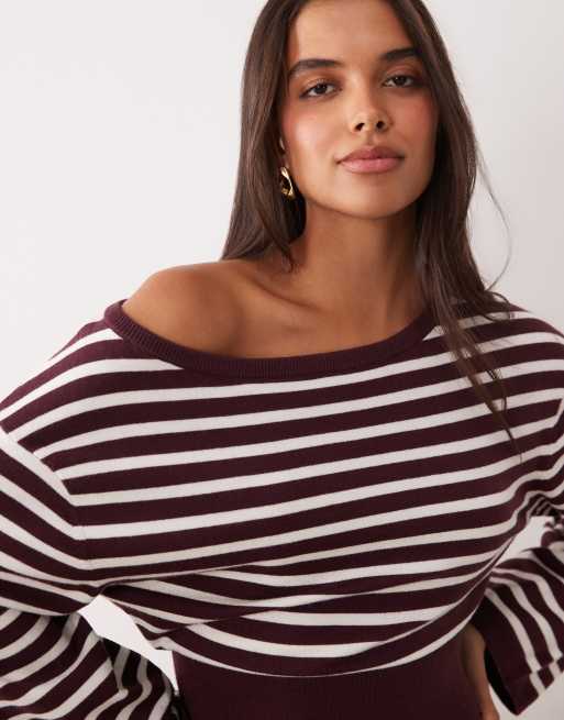 Gina Tricot set slouchy stickad loungetopp med markerad midja i vinröd rand, 3 av 4