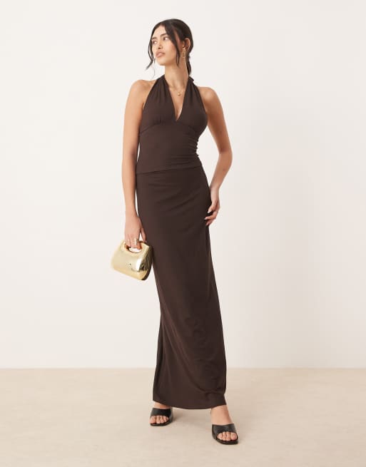Gina Tricot set Soft Touch slinky halterneck and skirt in brown