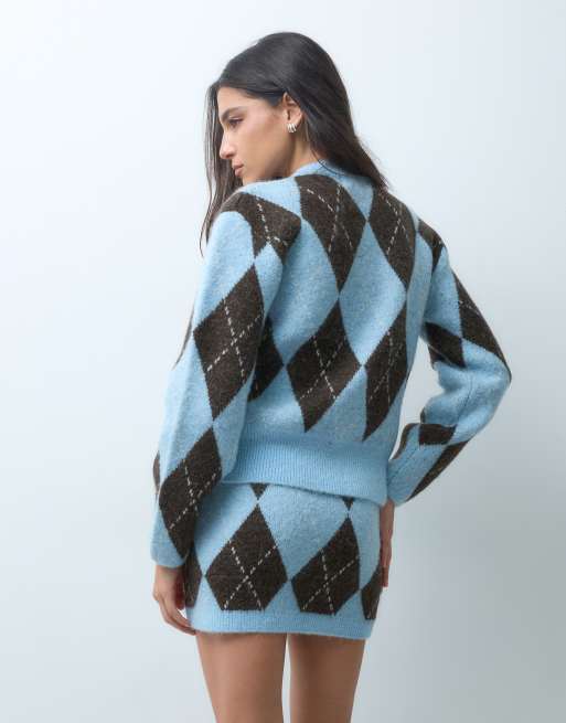 Gina Tricot set stickad argyle-minikjol i blått och brunt, 5 av 5