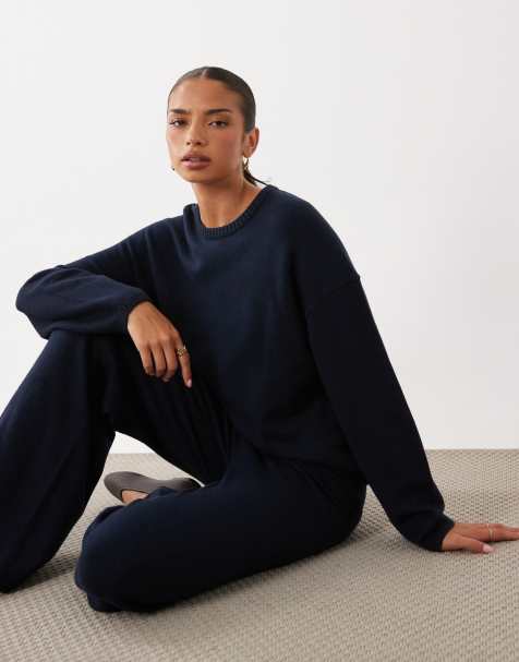 Gina Tricot set stickad loungewear-tröja i marinblått - view 1