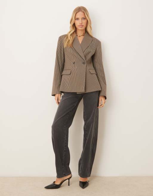 Gina Tricot shaped blazer with padded shoulders in brown check