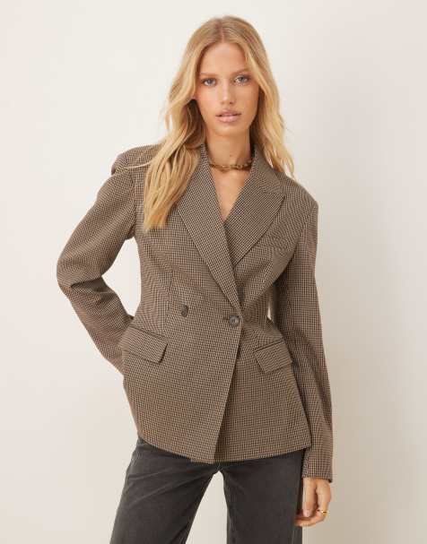 Gina Tricot shaped blazer with padded shoulders in brown plaid - view 1