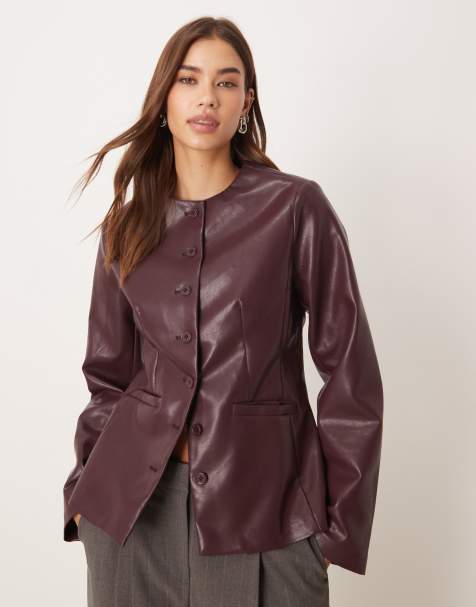 Gina Tricot shaped PU blazer in burgundy - view 1