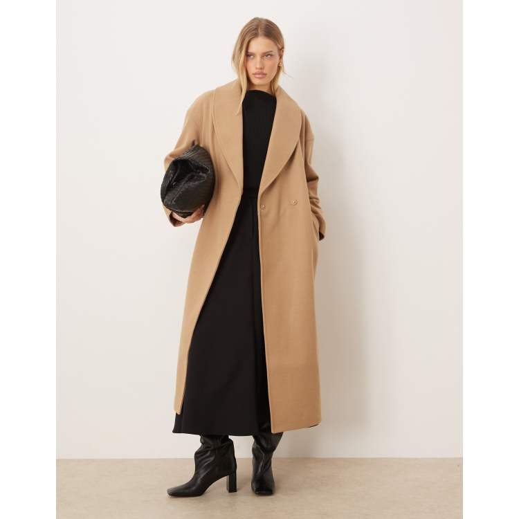 Gina Tricot shawl collar long midi coat in beige | ASOS
