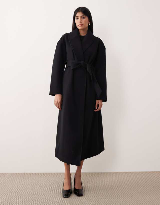 Gina Tricot shawl collar long midi coat in black | ASOS