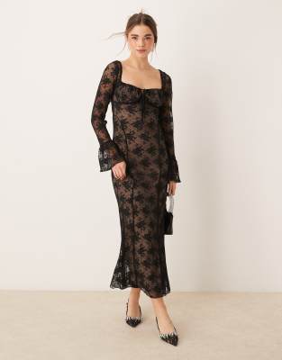 sheer lace maxi dress with fluted sleeves in black