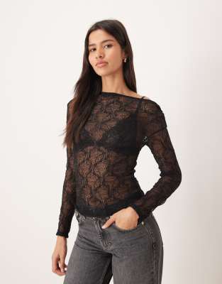 Gina Tricot Sheer Long Sleeve Floral Sequined Top In Black