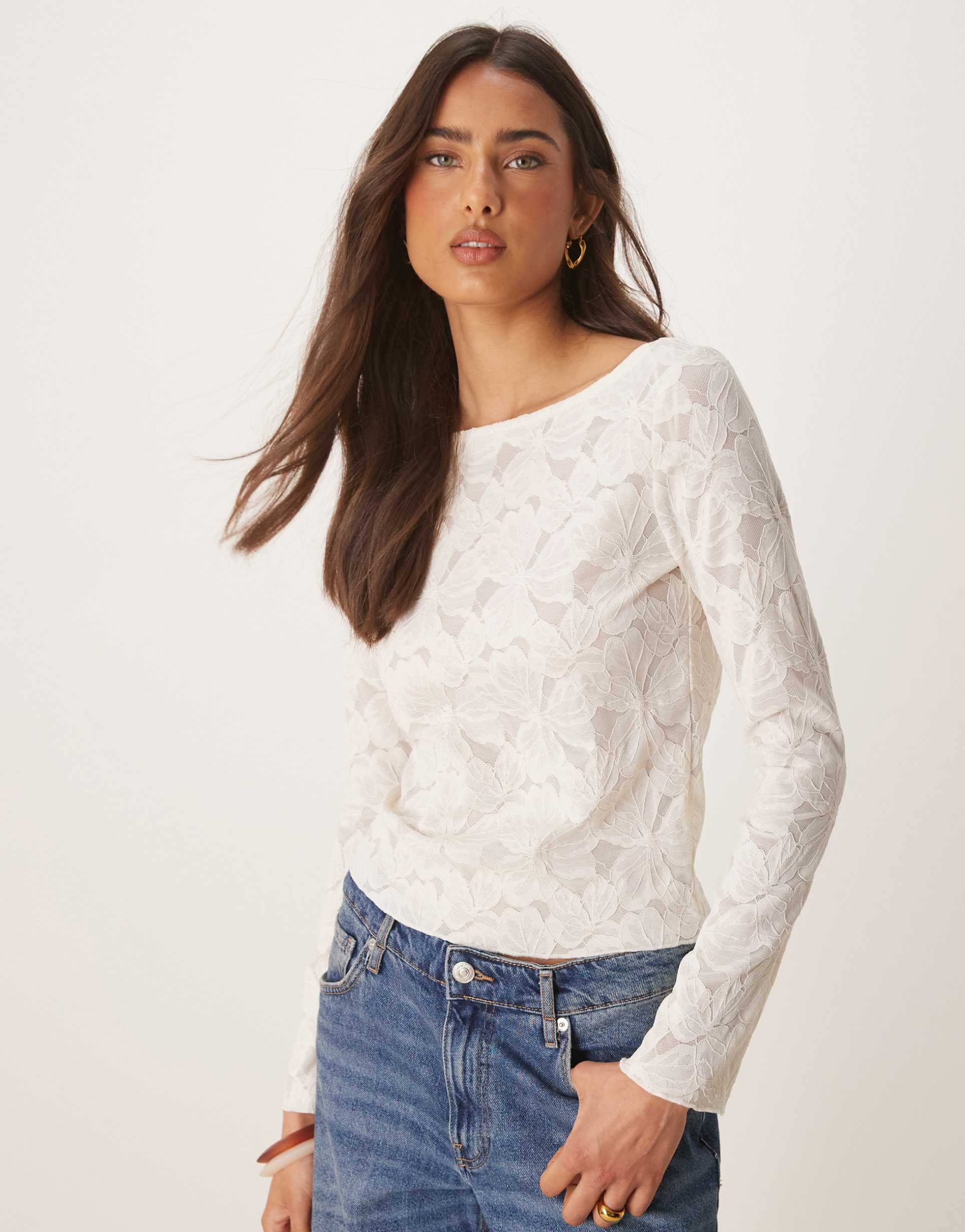 gina tricot sheer long sleeve lace top with fluted sleeves in off white