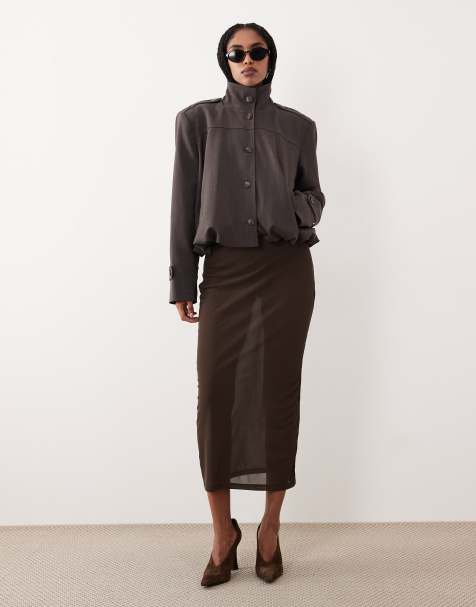 Gina Tricot sheer midi skirt in brown - view 1