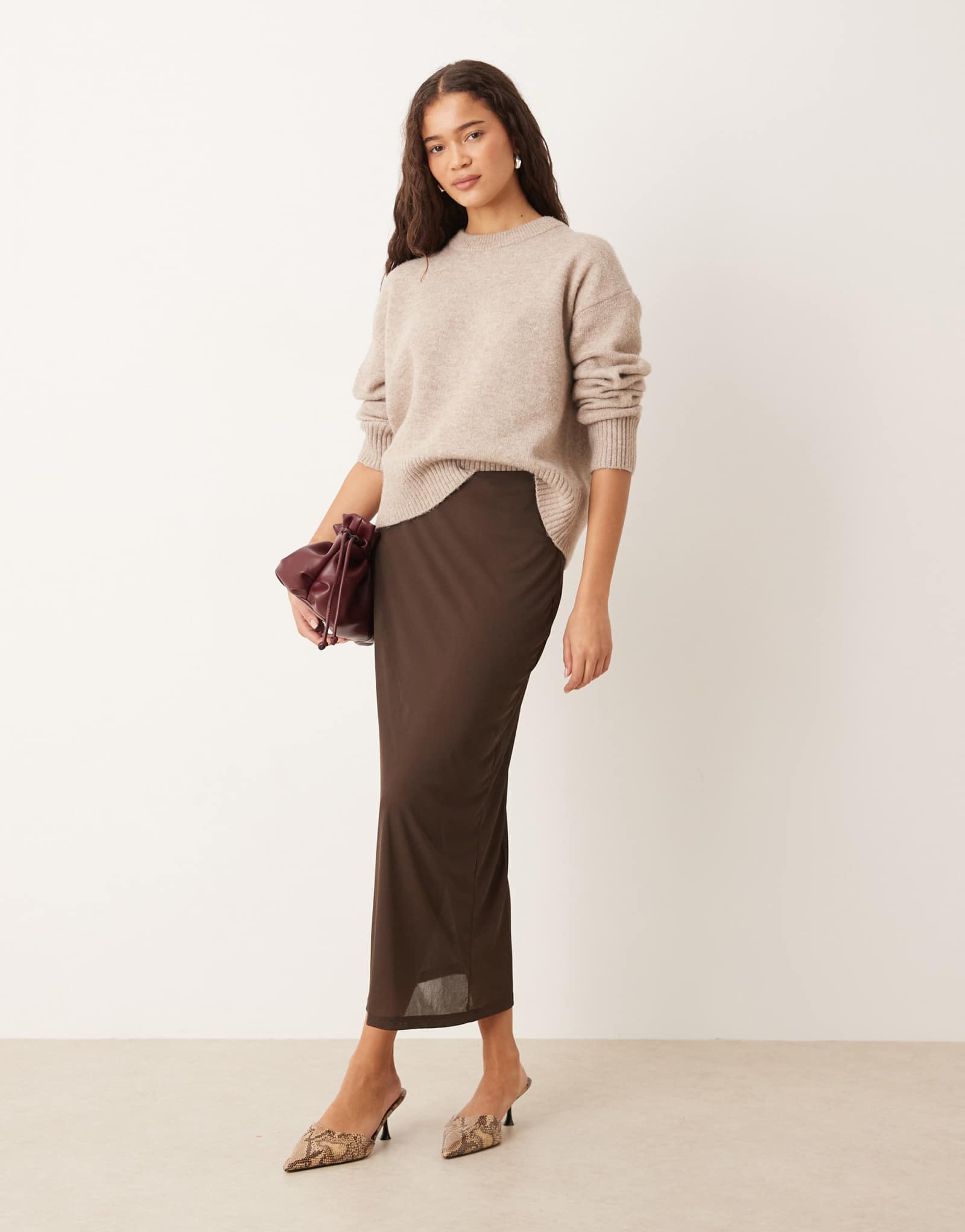 Прозрачная юбка миди из трикотажа Gina коричневого цвета