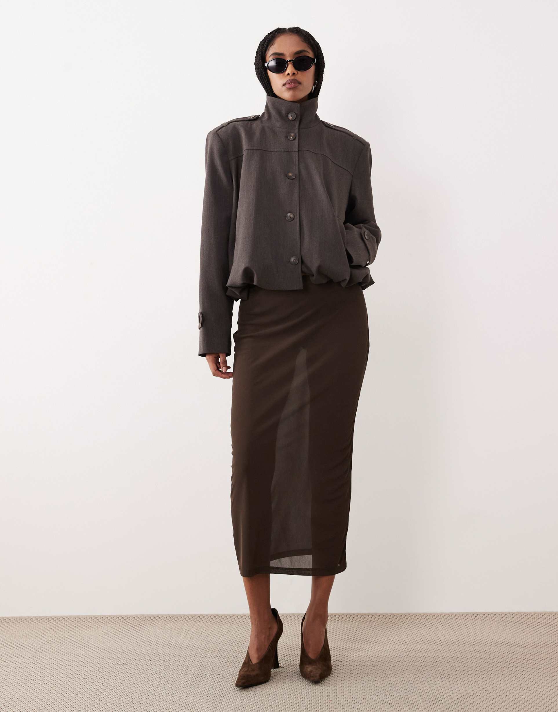 gina tricot sheer midi skirt in brown