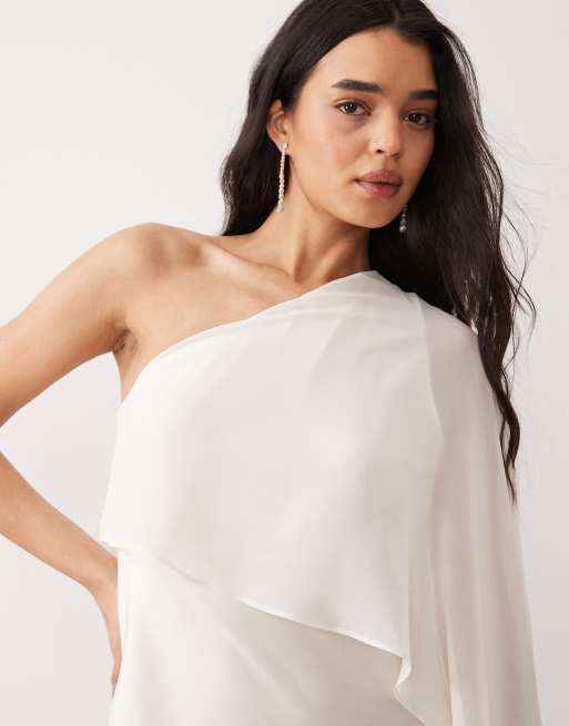 Gina Tricot sheer one shoulder maxi dress with side slit in cream, 3 of 4