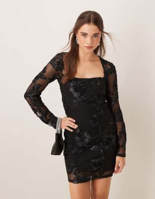 sheer square neck mini dress with placement embroidery applique in black