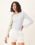 [GINA TRICOT] Gina Tricot sheer structured long sleeve lace jersey top with fluted sleeves in light blue L Light blue