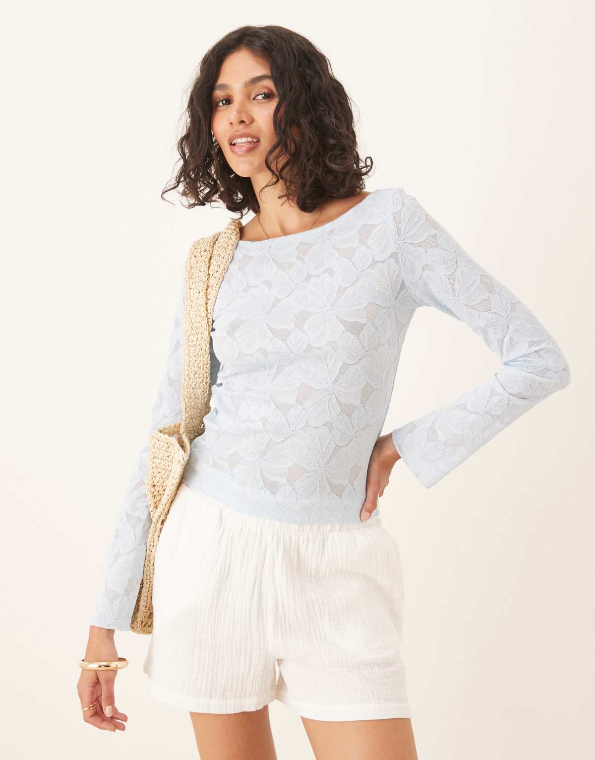 Gina Tricot sheer structured long sleeve lace jersey top with fluted sleeves in light blue
