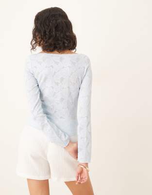 GINA TRICOT SHEER STRUCTURED LONG SLEEVE LACE JERSEY TOP WITH FLUTED SLEEVES 