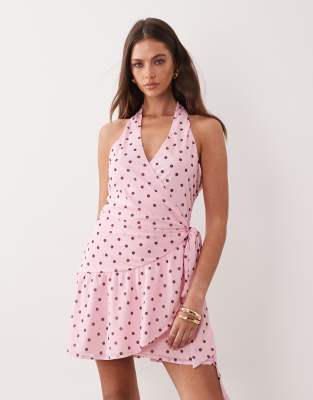Gina Tricot sheer wrap mini dress in pink polka dot