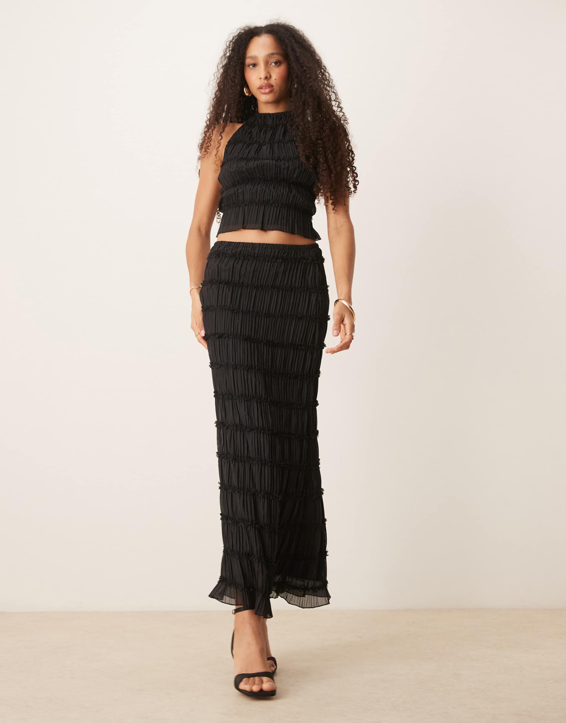 gina tricot shirred maxi skirt in black - part of a set