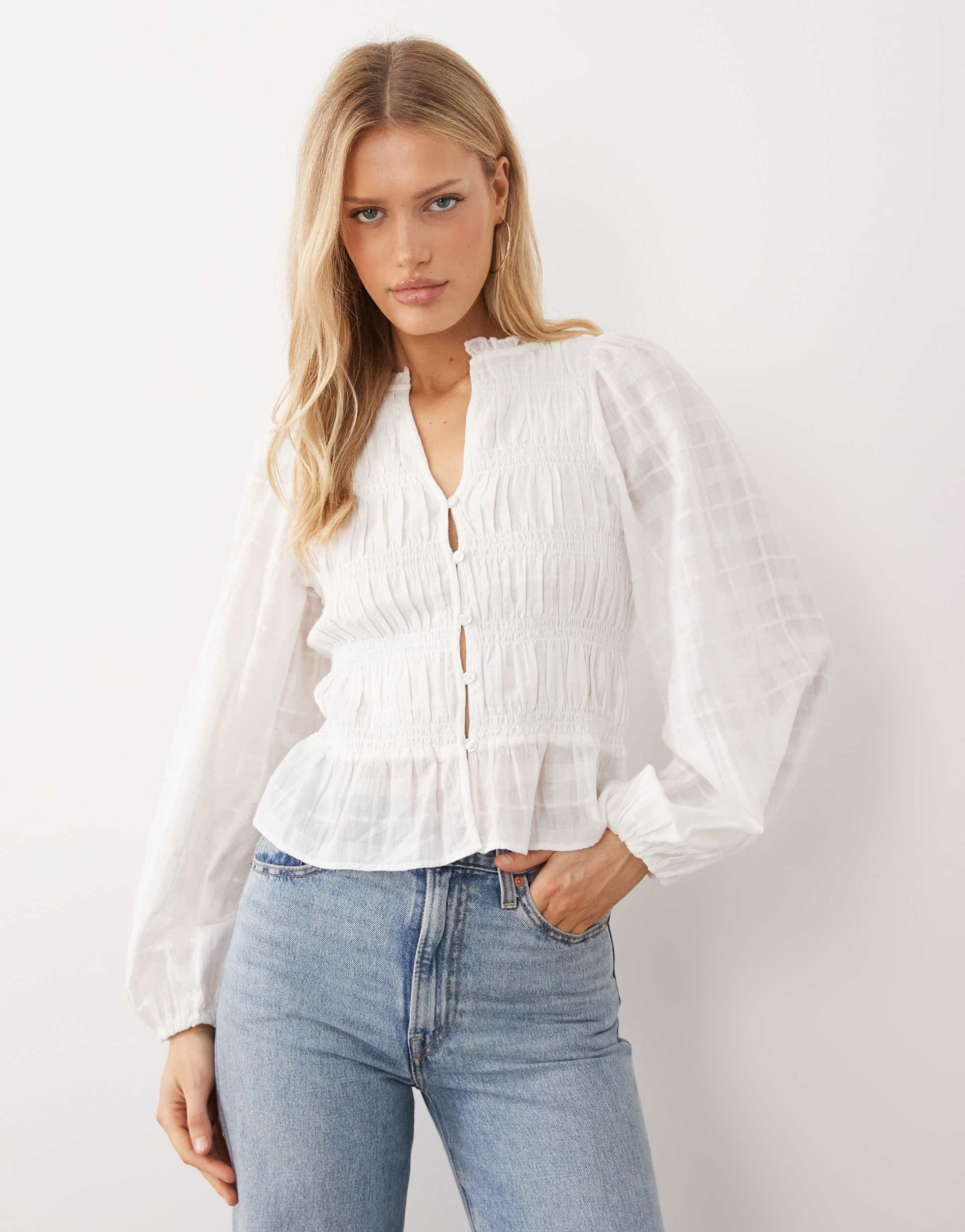 gina tricot shirred smock blouse in white