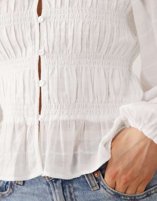 Gina Tricot shirred smock blouse in white, 2 of 4