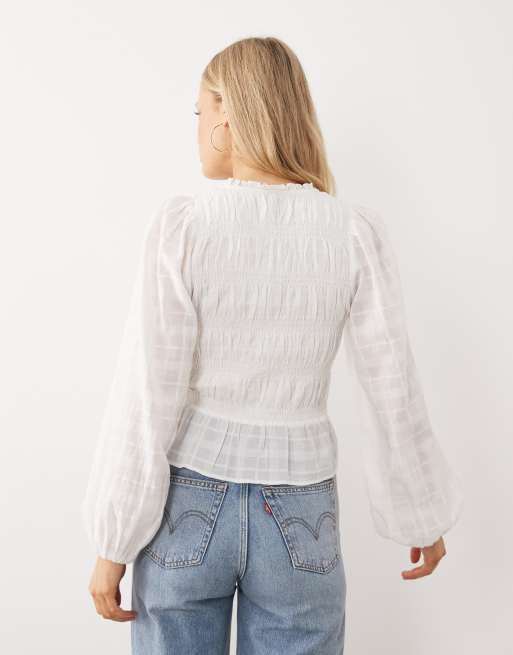 Gina Tricot shirred smock blouse in white, 3 of 4