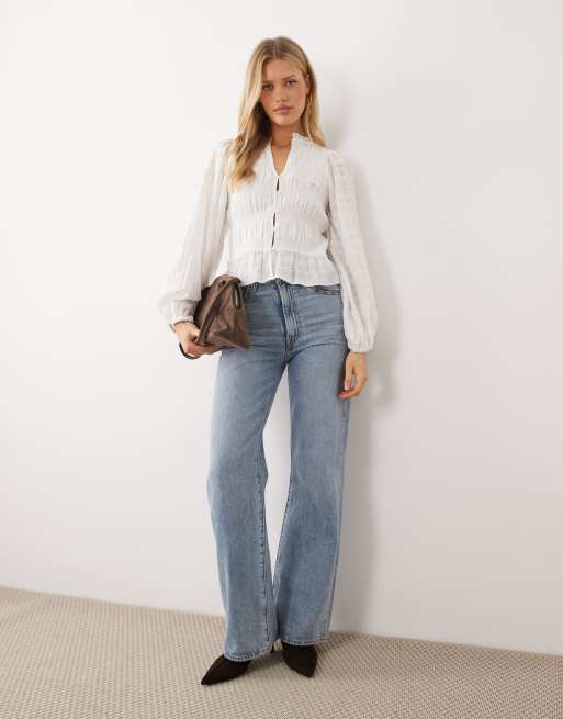 Gina Tricot shirred smock blouse in white, 4 of 4