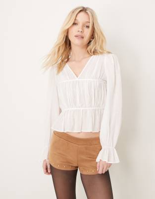 shirred smocked blouse top with tie front in white