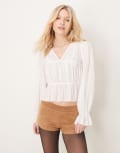 [GINA TRICOT] Gina Tricot shirred smocked blouse top with tie front in white S WHITE