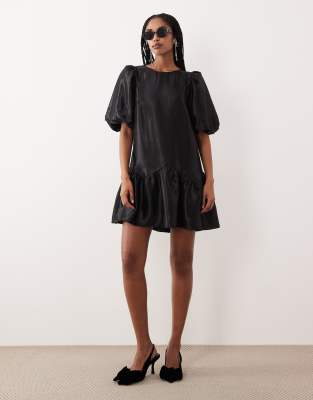 Gina Tricot Short Balloon Volume Sleeve Peplum Mini Dress In Black