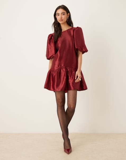 Gina Tricot short balloon volume sleeve peplum mini dress in burgundy red - view 1