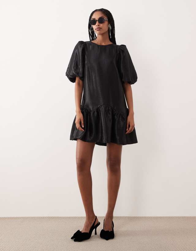 Gina Tricot short balloon volume sleeves peplum mini dress in black