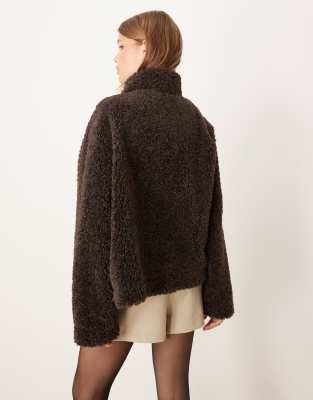 Gina Tricot Short Borg Pile Jacket In Brown