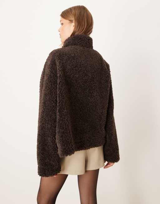Gina Tricot short borg pile jacket in dark mole brown