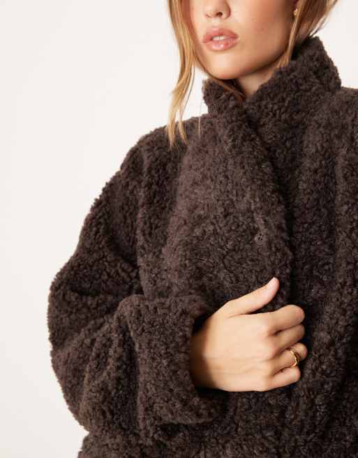 Gina Tricot short borg pile jacket in dark mole brown