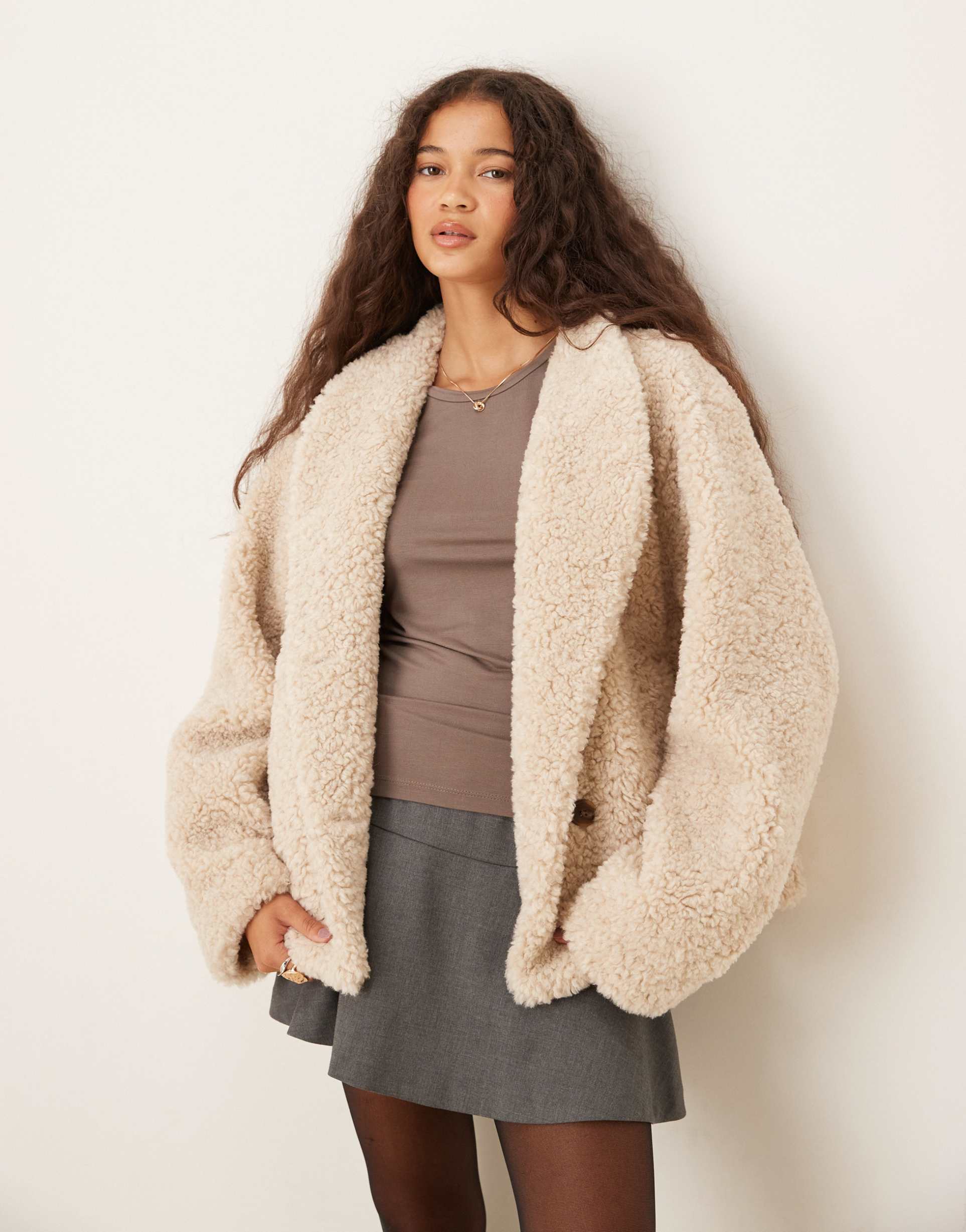 gina tricot short borg pile jacket in light beige