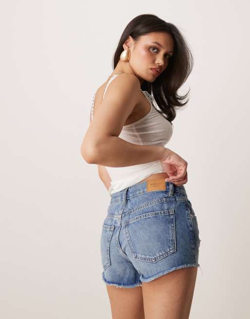 Gina Tricot - Short en jean effet usé à bords bruts - Bleu moyen délavé, 5 de 5