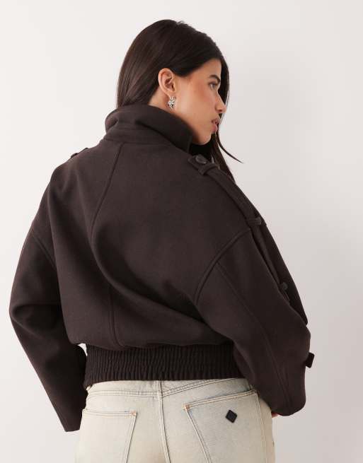Gina Tricot short high funnel neck bomber style jacket with wool in dark brown, 3 of 4