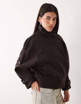 Gina Tricot Short High Funnel Neck Bomber Style Jacket With Wool In White