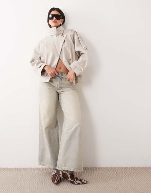Gina Tricot short high funnel neck bomber style jacket with wool in light beige, 2 of 4