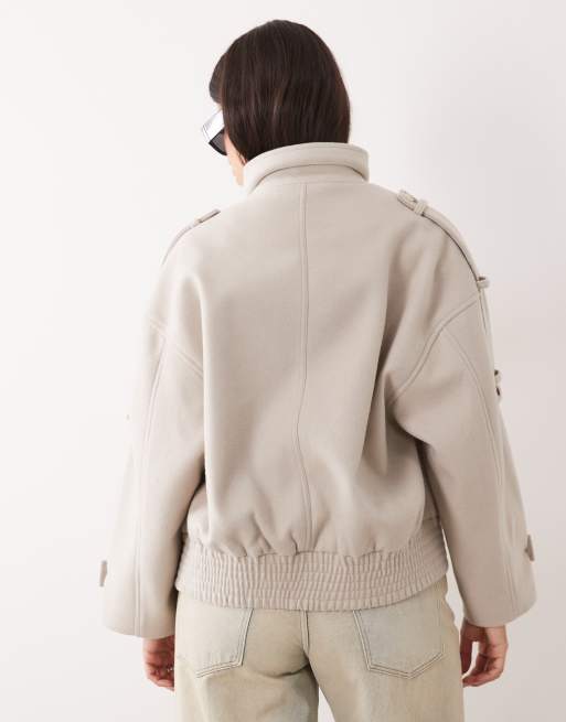 Gina Tricot short high funnel neck bomber style jacket with wool in light beige, 3 of 4